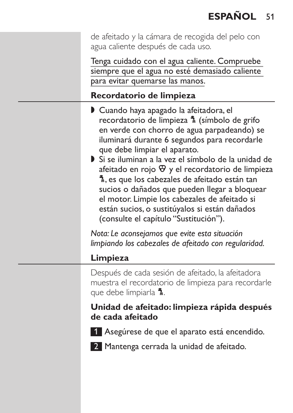 Recordatorio de limpieza, Limpieza | Philips Afeitadora NIVEA FOR MEN User Manual | Page 49 / 148