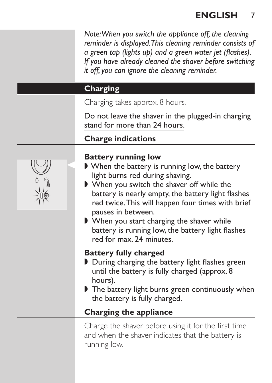 Charging, Charge indications, Battery running low | Battery fully charged, Charging the appliance | Philips Afeitadora NIVEA FOR MEN User Manual | Page 5 / 148