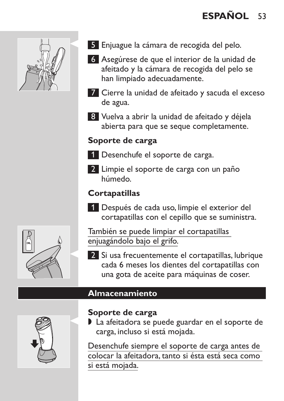 Soporte de carga, Cortapatillas, Almacenamiento | Philips Afeitadora NIVEA FOR MEN User Manual | Page 51 / 148