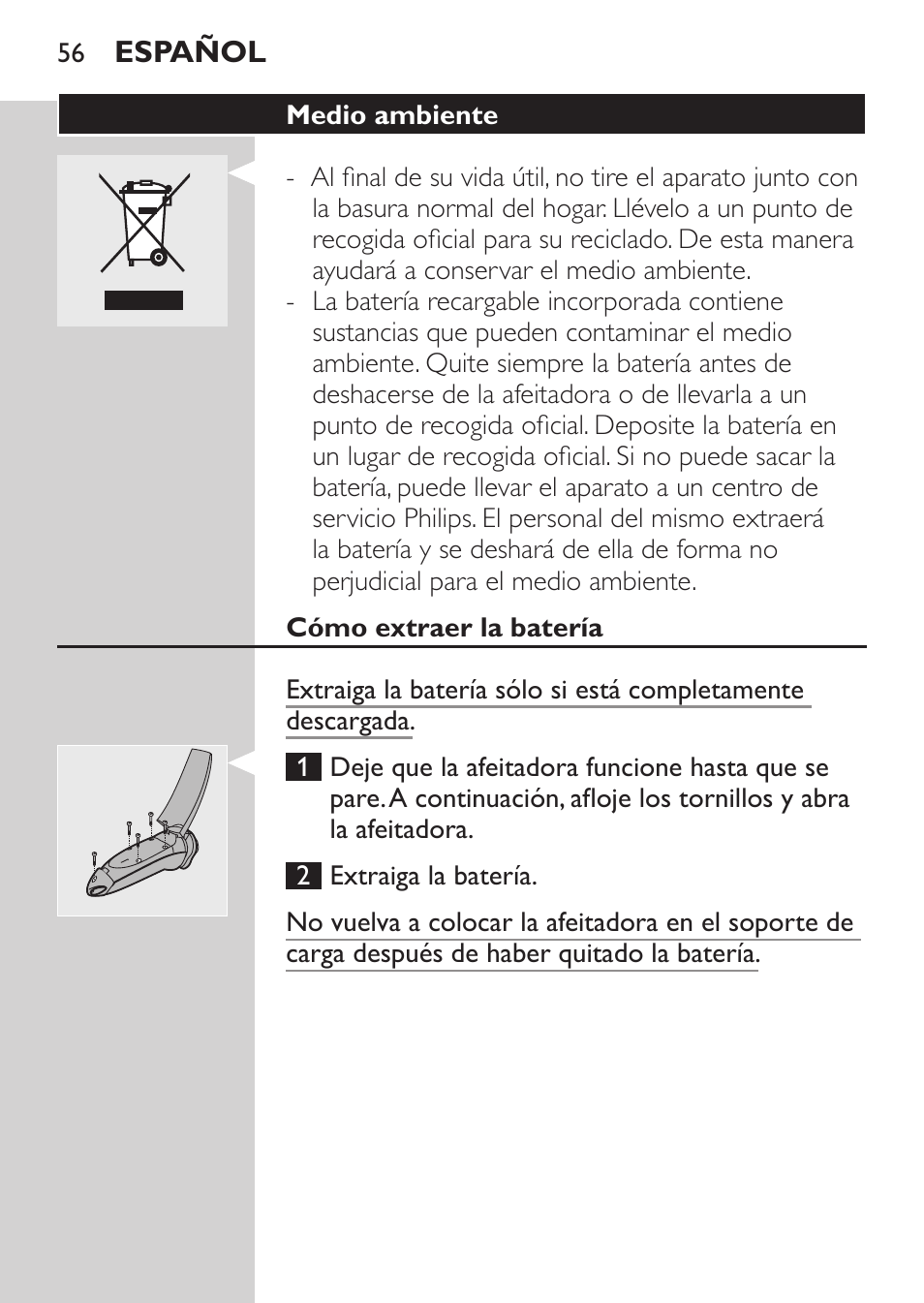 Medio ambiente, Cómo extraer la batería, Garantía y servicio | Philips Afeitadora NIVEA FOR MEN User Manual | Page 54 / 148