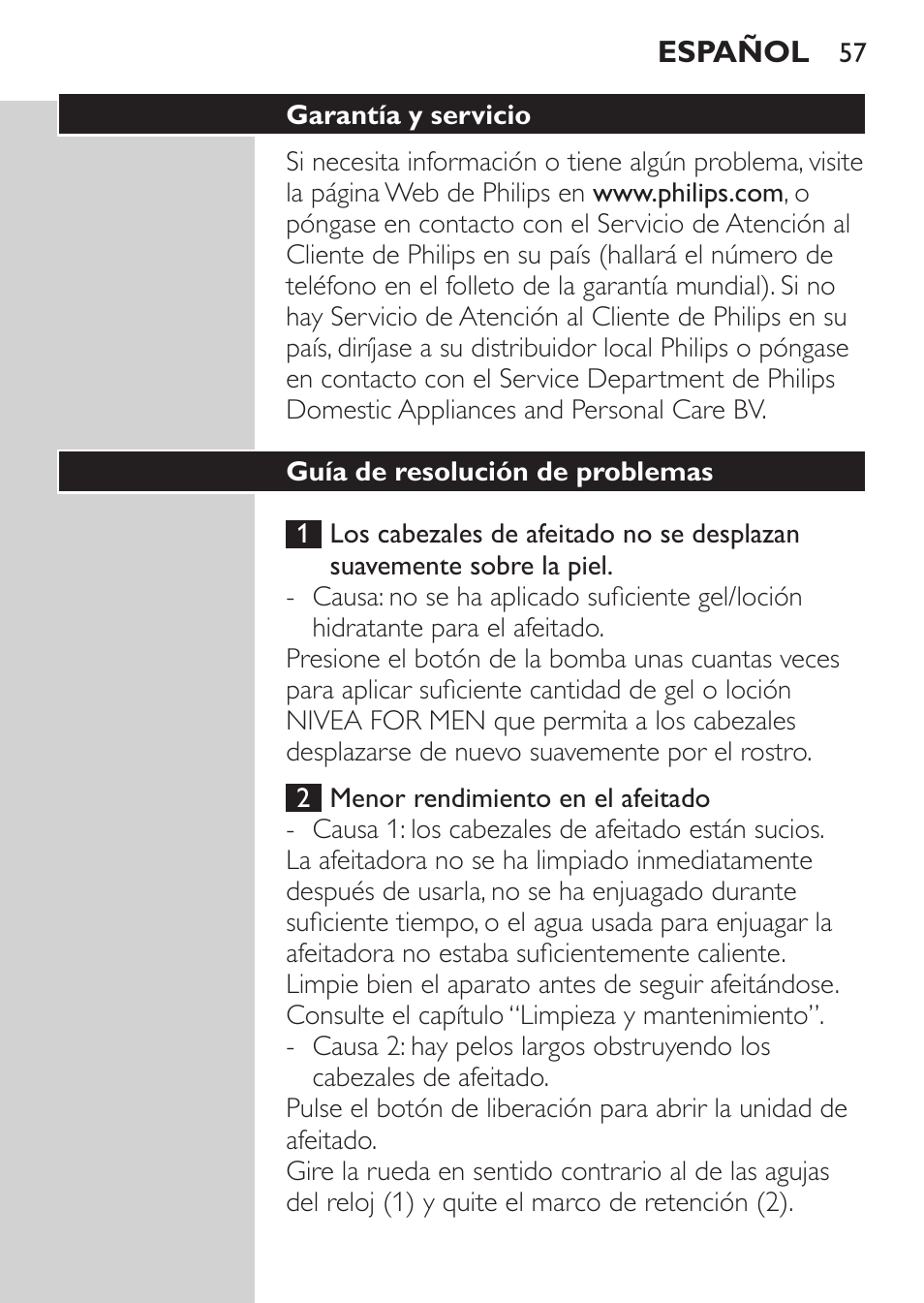 Guía de resolución de problemas | Philips Afeitadora NIVEA FOR MEN User Manual | Page 55 / 148