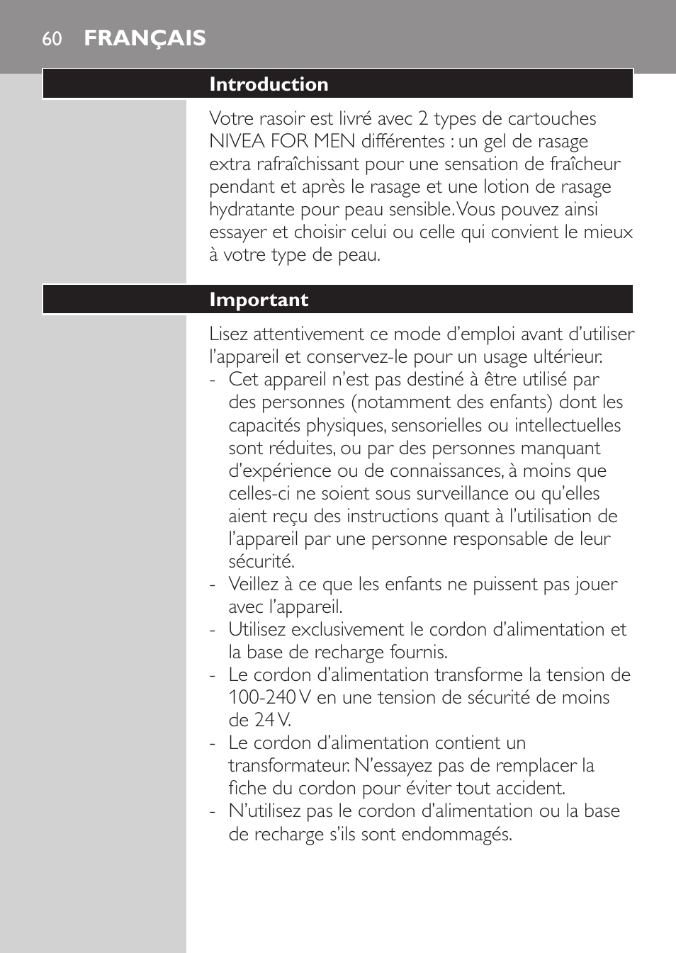 Français, Introduction, Important | Philips Afeitadora NIVEA FOR MEN User Manual | Page 58 / 148