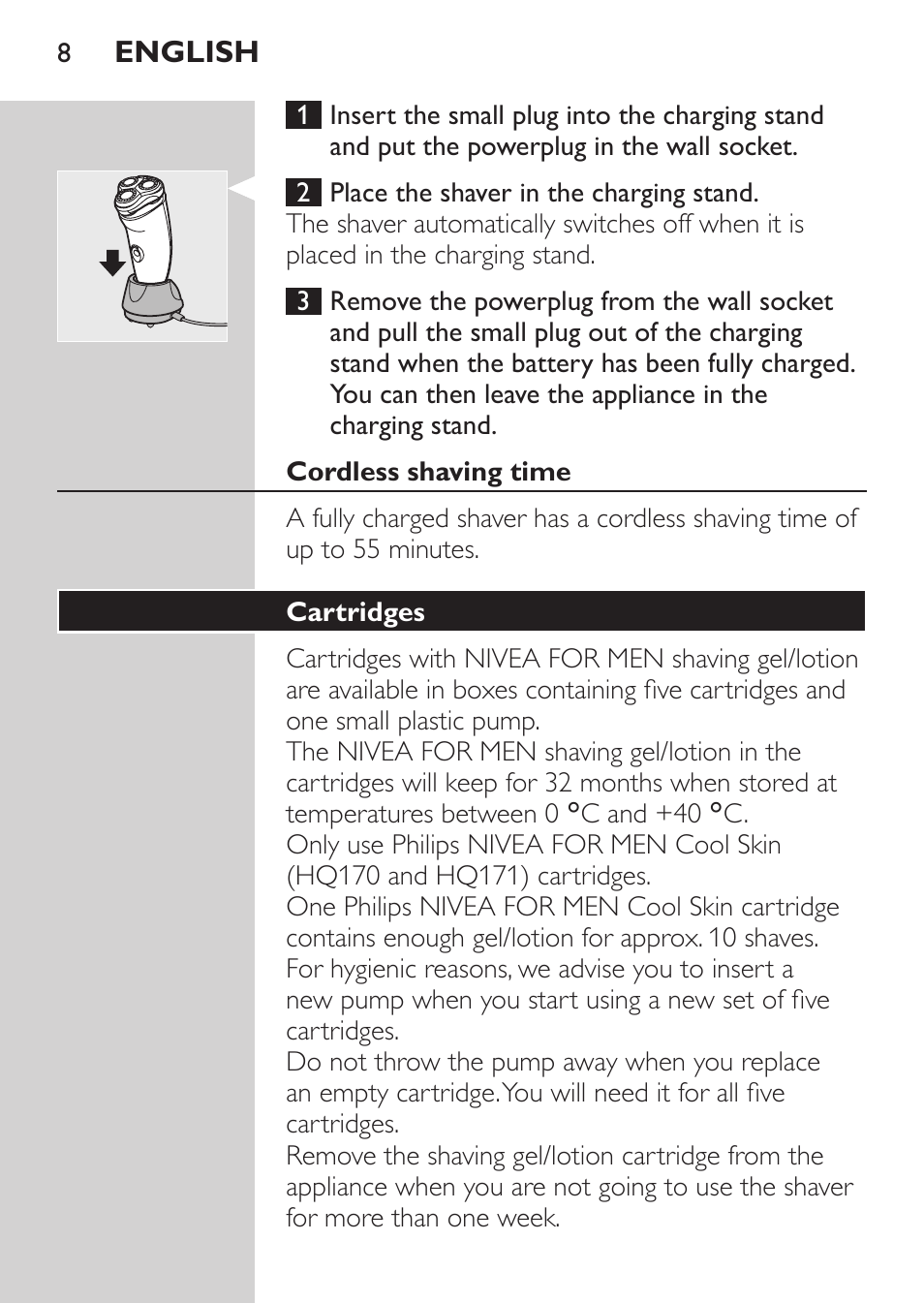 Cordless shaving time, Cartridges | Philips Afeitadora NIVEA FOR MEN User Manual | Page 6 / 148