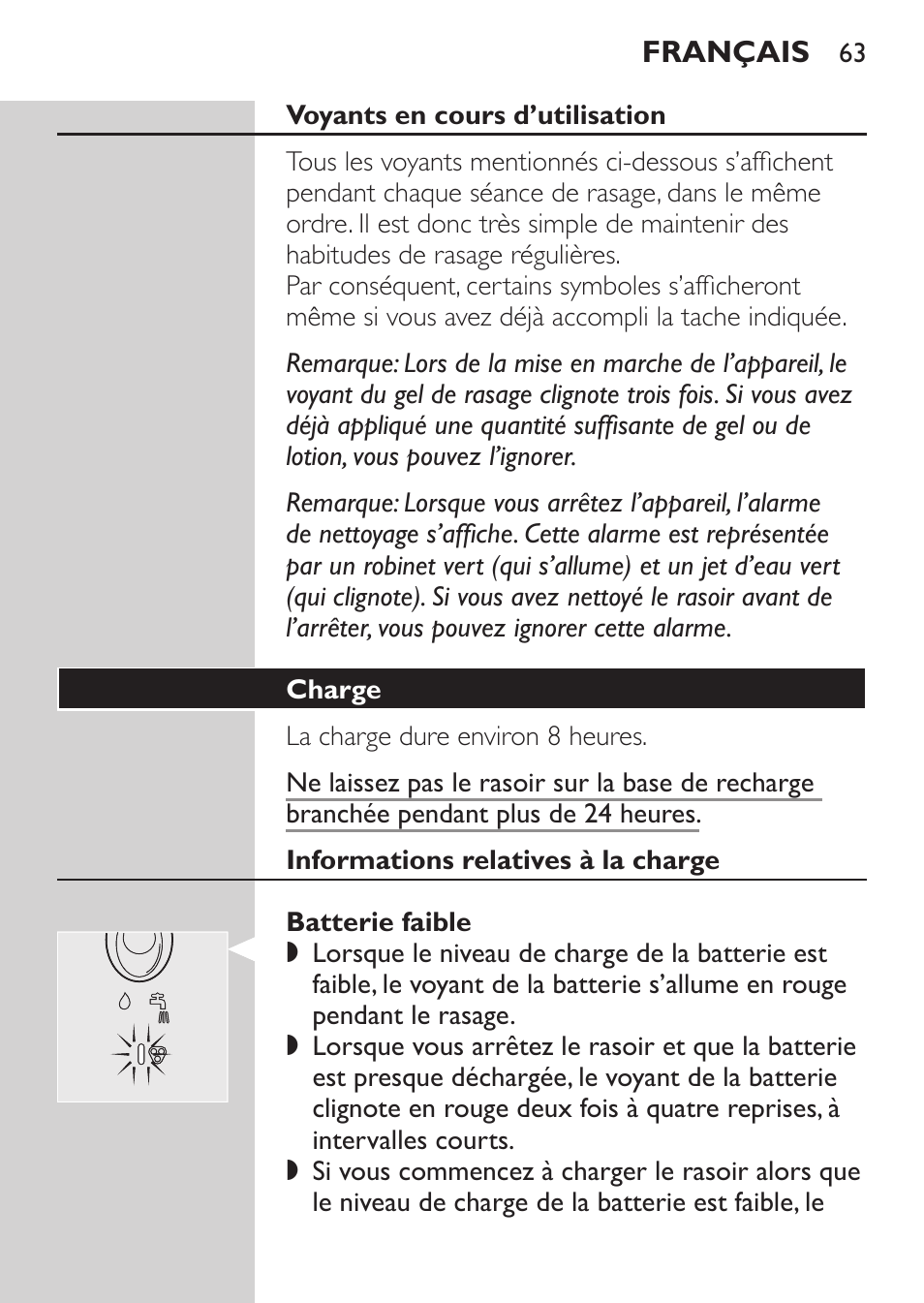 Voyants en cours d’utilisation, Charge, Informations relatives à la charge | Batterie faible | Philips Afeitadora NIVEA FOR MEN User Manual | Page 61 / 148