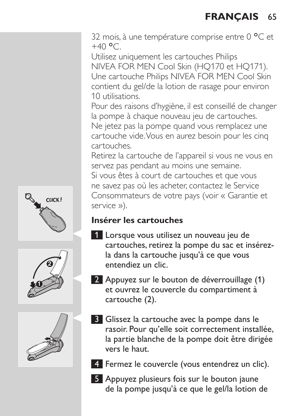 Insérer les cartouches, Français | Philips Afeitadora NIVEA FOR MEN User Manual | Page 63 / 148