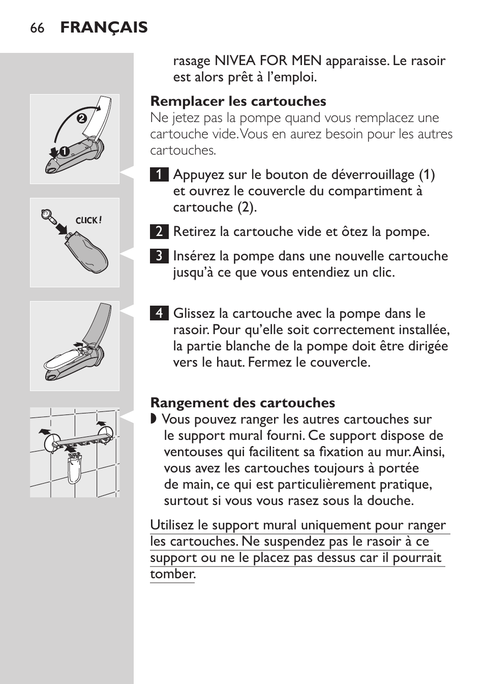 Remplacer les cartouches, Rangement des cartouches, Français | Philips Afeitadora NIVEA FOR MEN User Manual | Page 64 / 148