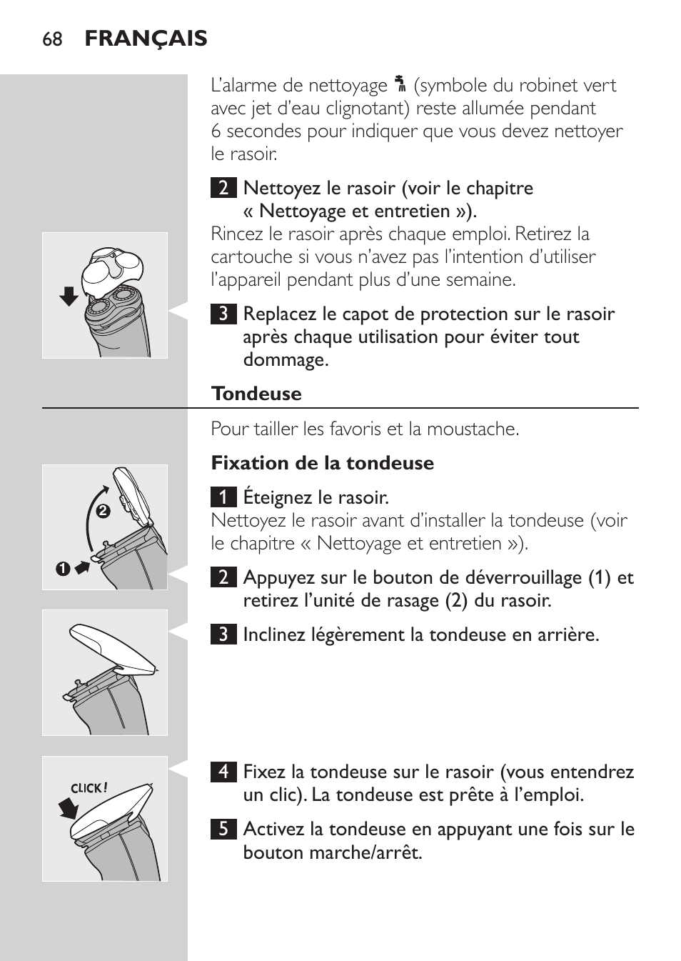 Tondeuse, Fixation de la tondeuse, Français | Philips Afeitadora NIVEA FOR MEN User Manual | Page 66 / 148