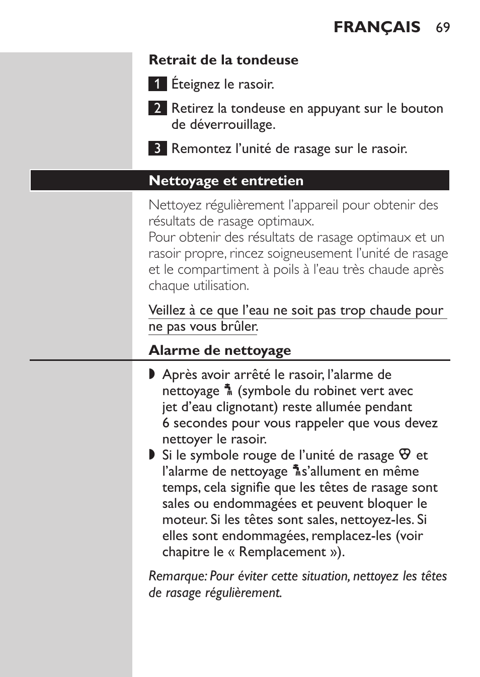 Retrait de la tondeuse, Nettoyage et entretien, Alarme de nettoyage | Philips Afeitadora NIVEA FOR MEN User Manual | Page 67 / 148