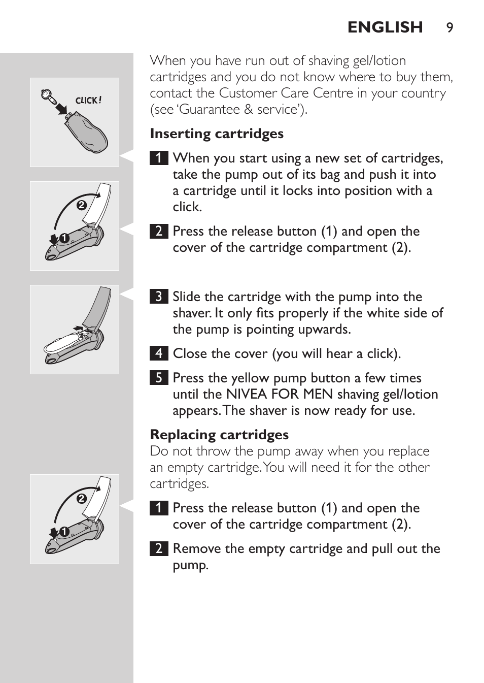 Inserting cartridges, Replacing cartridges, English | Philips Afeitadora NIVEA FOR MEN User Manual | Page 7 / 148