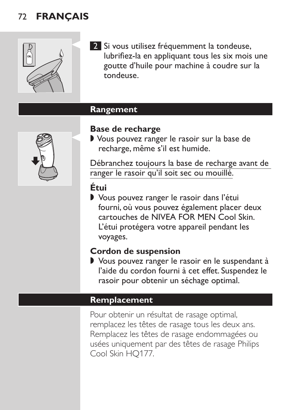 Base de recharge, Étui, Cordon de suspension | Rangement, Remplacement | Philips Afeitadora NIVEA FOR MEN User Manual | Page 70 / 148