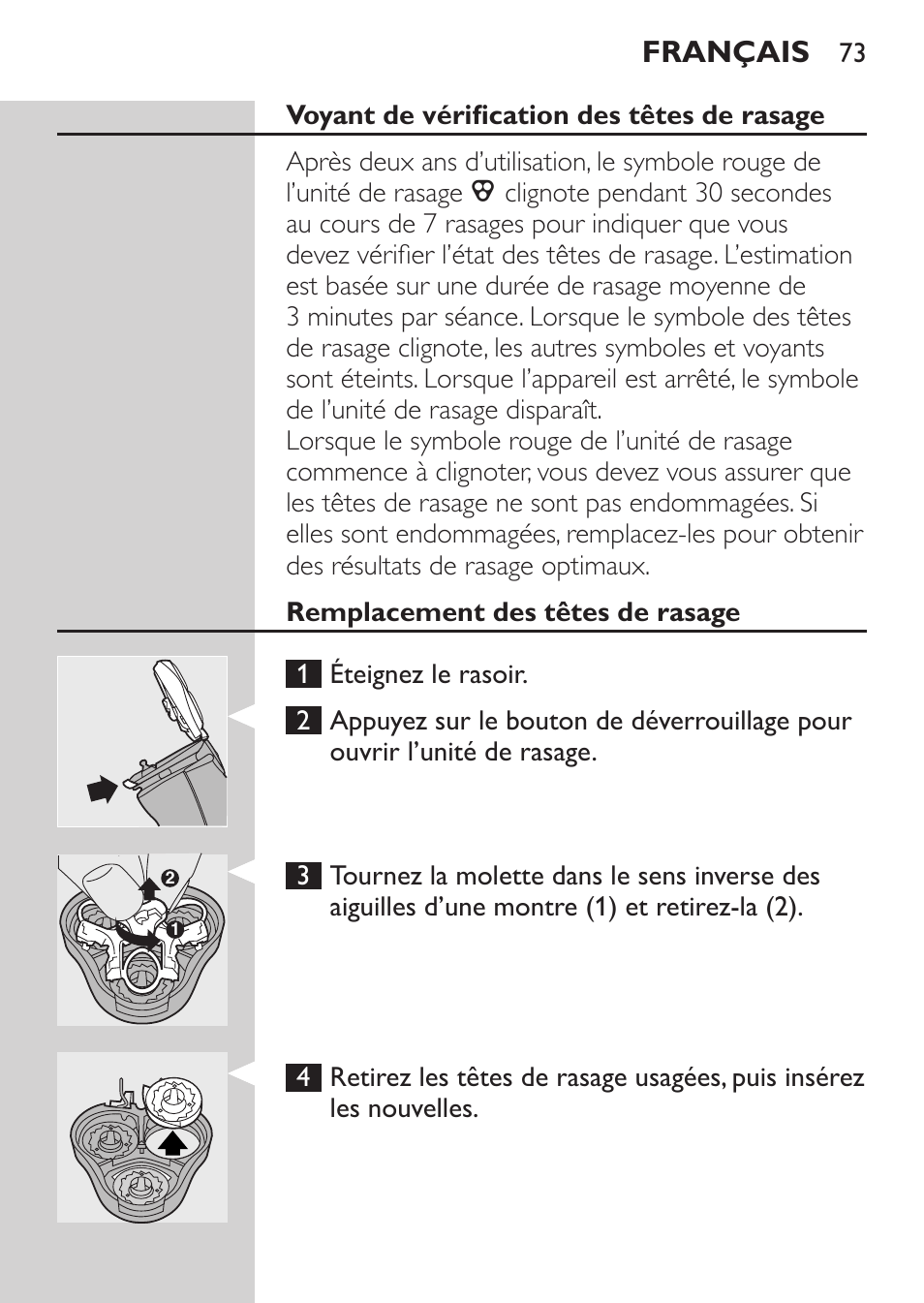 Voyant de vérification des têtes de rasage, Remplacement des têtes de rasage, Français | Philips Afeitadora NIVEA FOR MEN User Manual | Page 71 / 148