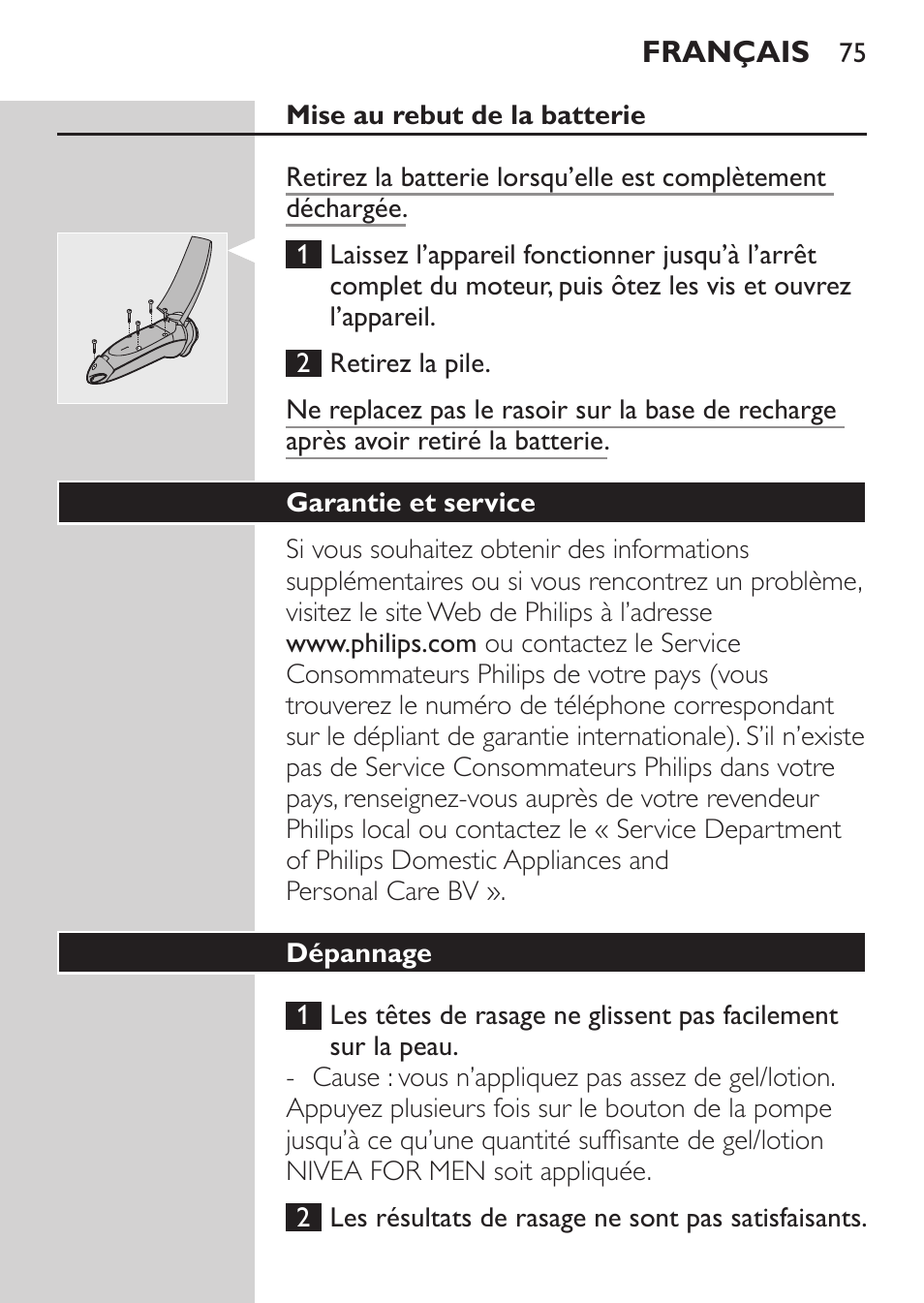 Mise au rebut de la batterie, Garantie et service, Dépannage | Philips Afeitadora NIVEA FOR MEN User Manual | Page 73 / 148