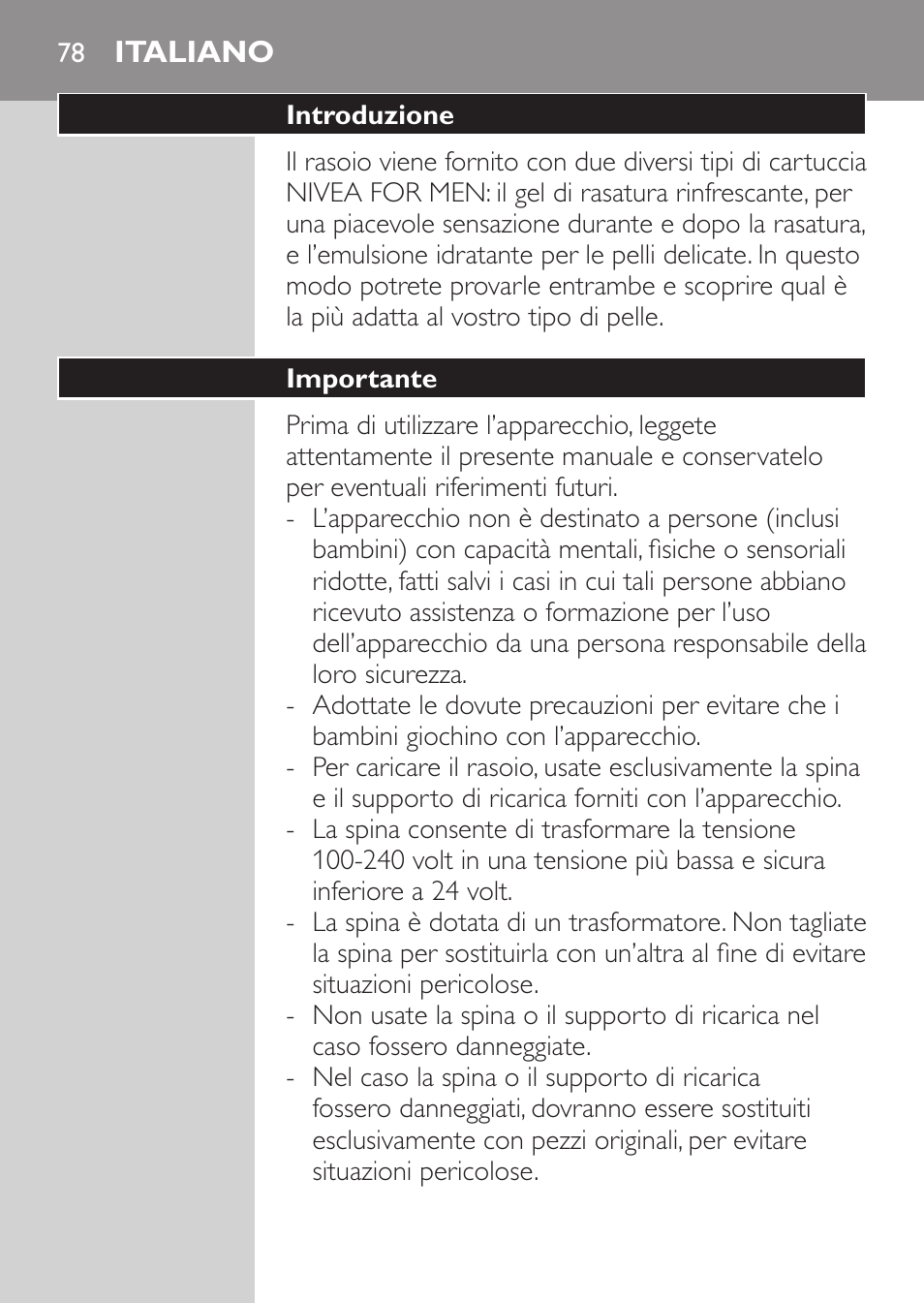 Italiano, Introduzione, Importante | Philips Afeitadora NIVEA FOR MEN User Manual | Page 76 / 148