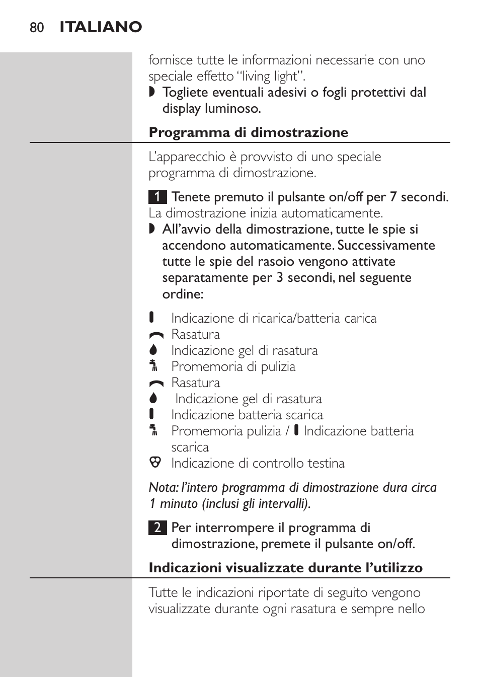 Programma di dimostrazione, Indicazioni visualizzate durante l’utilizzo | Philips Afeitadora NIVEA FOR MEN User Manual | Page 78 / 148