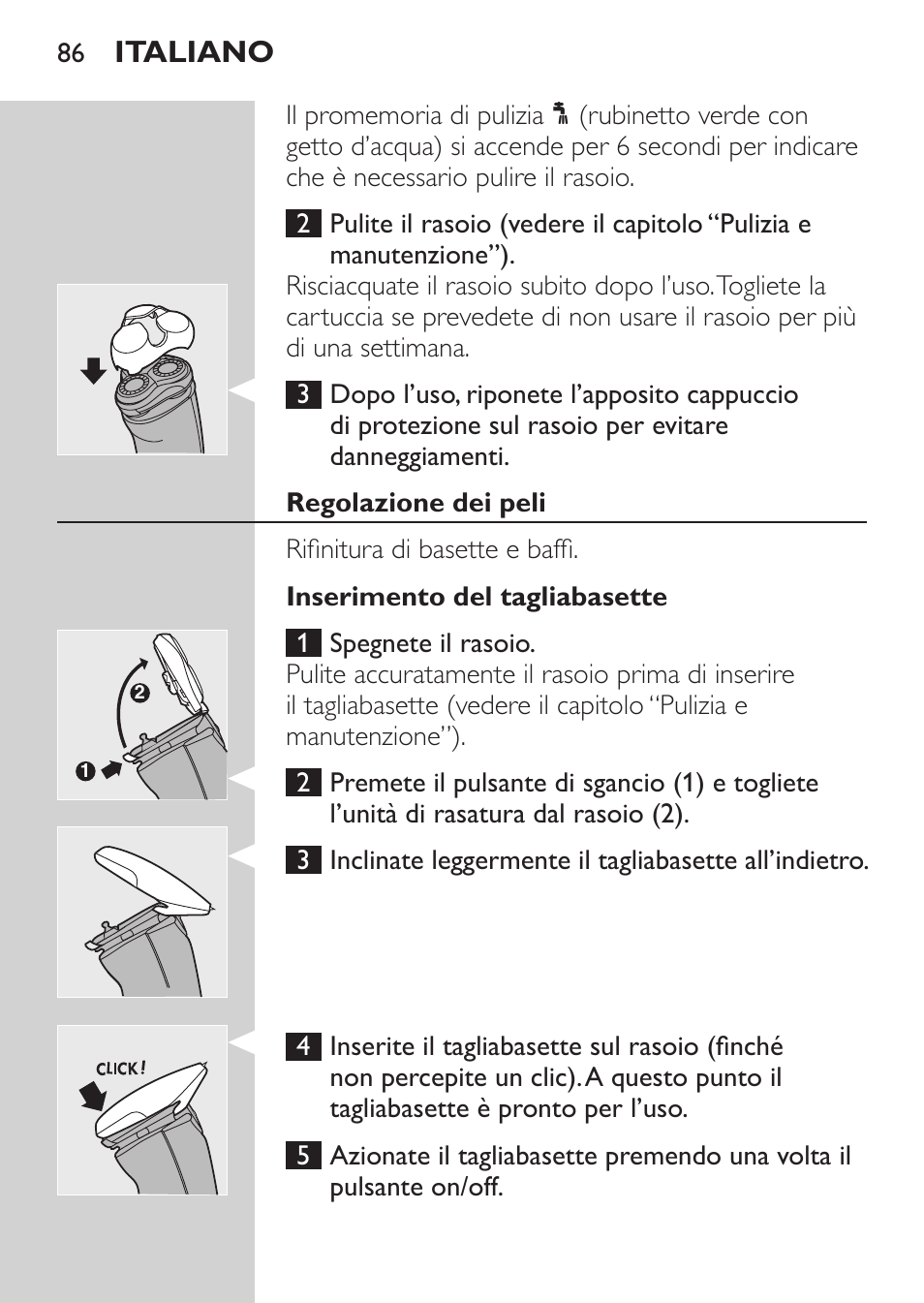 Regolazione dei peli, Inserimento del tagliabasette | Philips Afeitadora NIVEA FOR MEN User Manual | Page 84 / 148