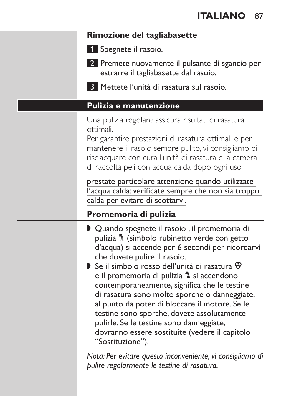 Rimozione del tagliabasette, Pulizia e manutenzione, Promemoria di pulizia | Philips Afeitadora NIVEA FOR MEN User Manual | Page 85 / 148