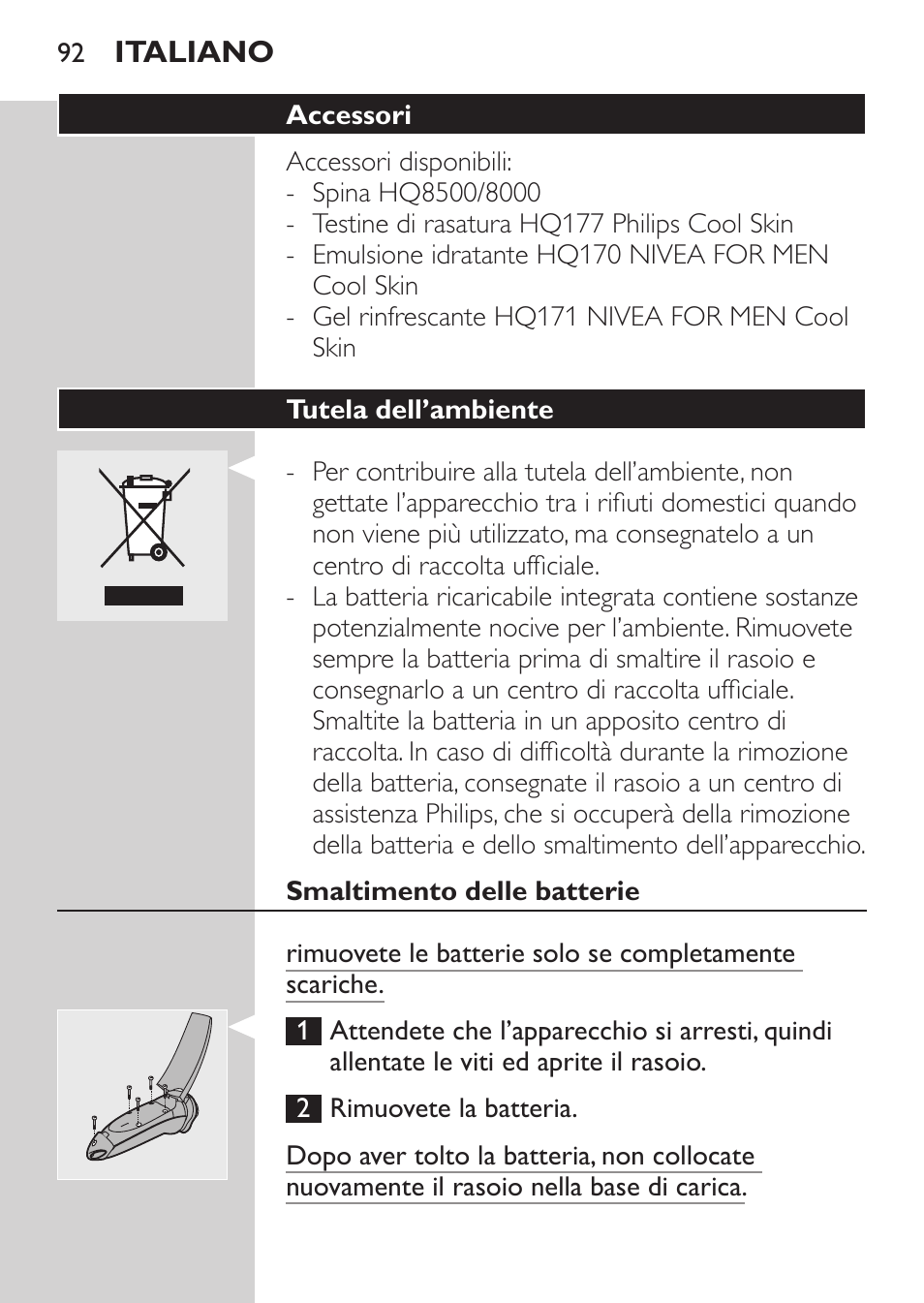 Accessori, Tutela dell’ambiente, Smaltimento delle batterie | Philips Afeitadora NIVEA FOR MEN User Manual | Page 90 / 148