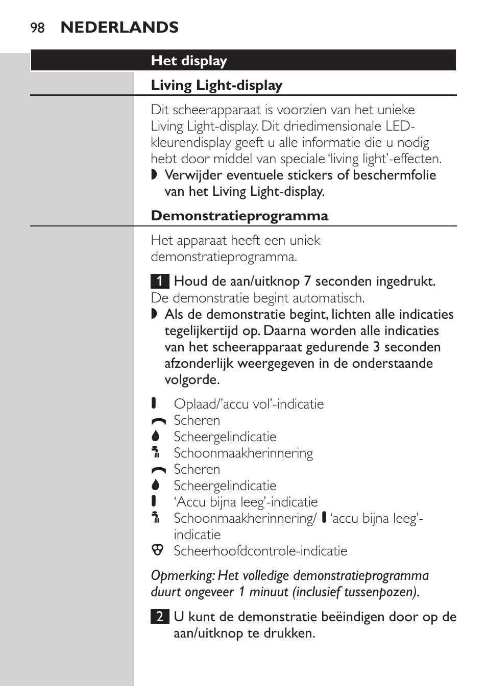 Het display, Living light-display, Demonstratieprogramma | Philips Afeitadora NIVEA FOR MEN User Manual | Page 96 / 148