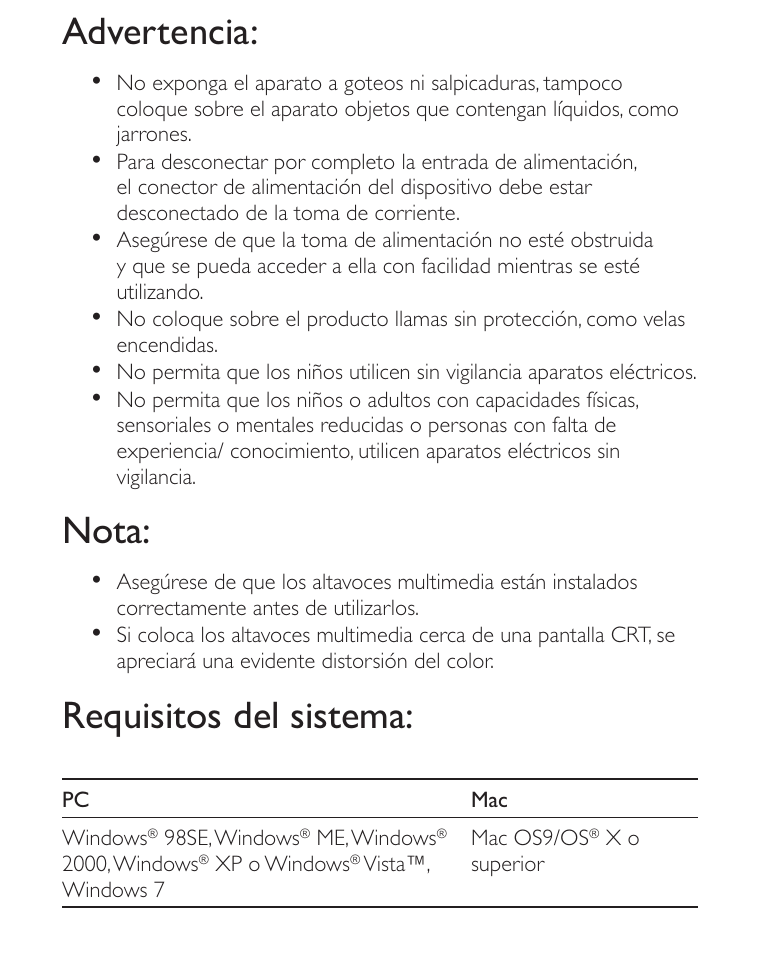 Advertencia, Nota, Requisitos del sistema | Philips Altavoces multimedia 2.0 User Manual | Page 7 / 12