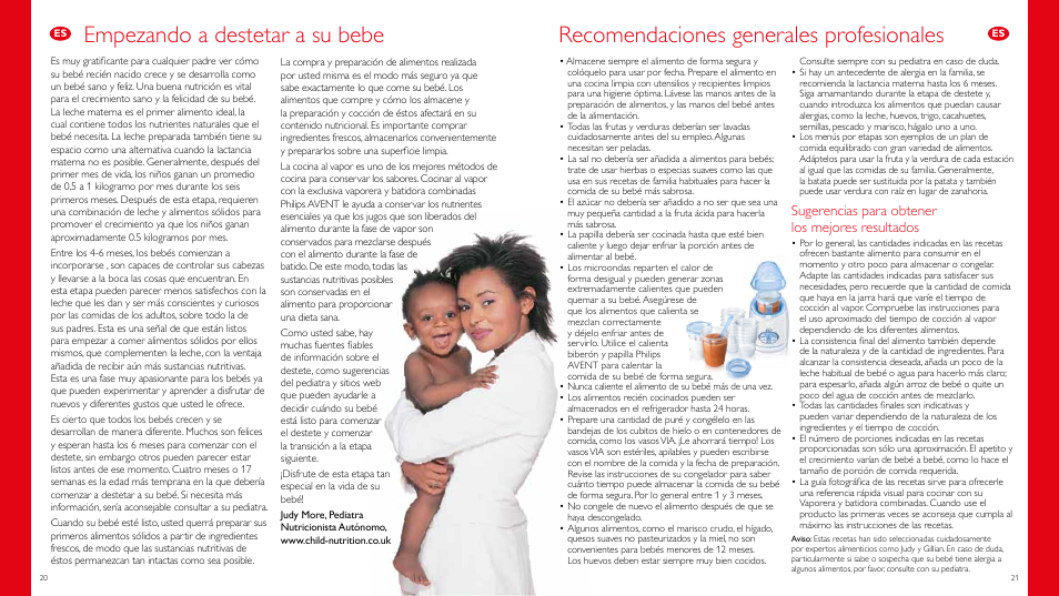 Empezando a destetar a su bebe, Recomendaciones generales profesionales, Sugerencias para obtener los mejores resultados | Philips Vaporera y batidora combinadas AVENT User Manual | Page 11 / 51