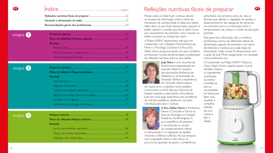 Refeições nutritivas fáceis de preparar, Índice, Etapa | Philips Vaporera y batidora combinadas AVENT User Manual | Page 12 / 51