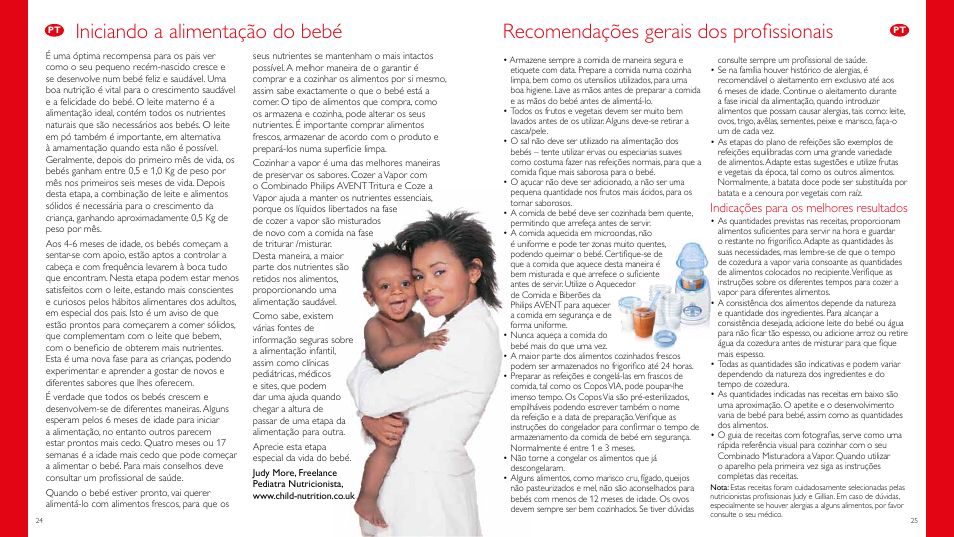 Iniciando a alimentação do bebé, Recomendações gerais dos profissionais, Indicações para os melhores resultados | Philips Vaporera y batidora combinadas AVENT User Manual | Page 13 / 51