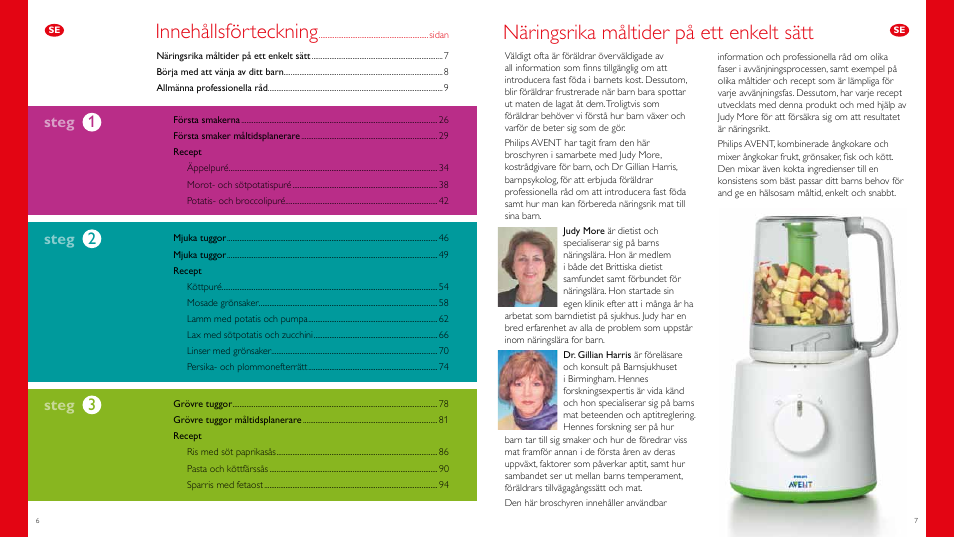 Näringsrika måltider på ett enkelt sätt, Innehållsförteckning, Steg | Philips Vaporera y batidora combinadas AVENT User Manual | Page 4 / 51