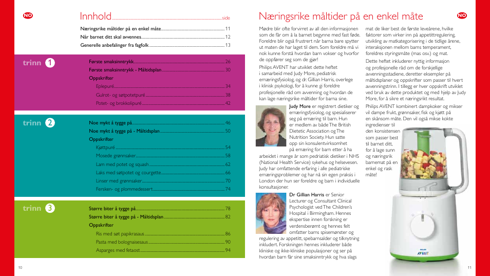Næringsrike måltider på en enkel måte, Innhold, Trinn | Philips Vaporera y batidora combinadas AVENT User Manual | Page 6 / 51