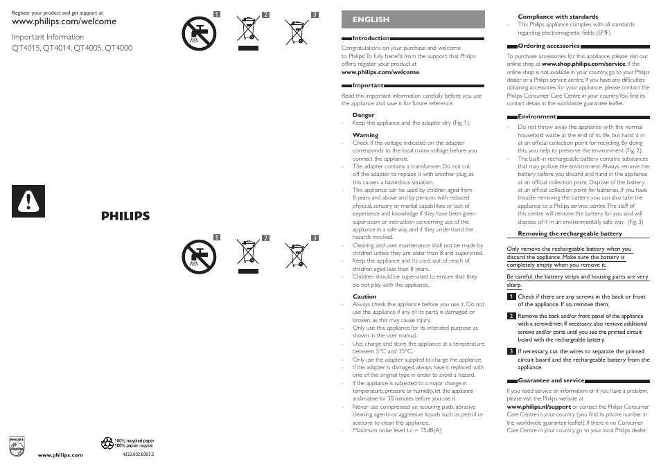 Philips BEARDTRIMMER Series 3000 barbero para barba y barba de 2 días User Manual | 9 pages