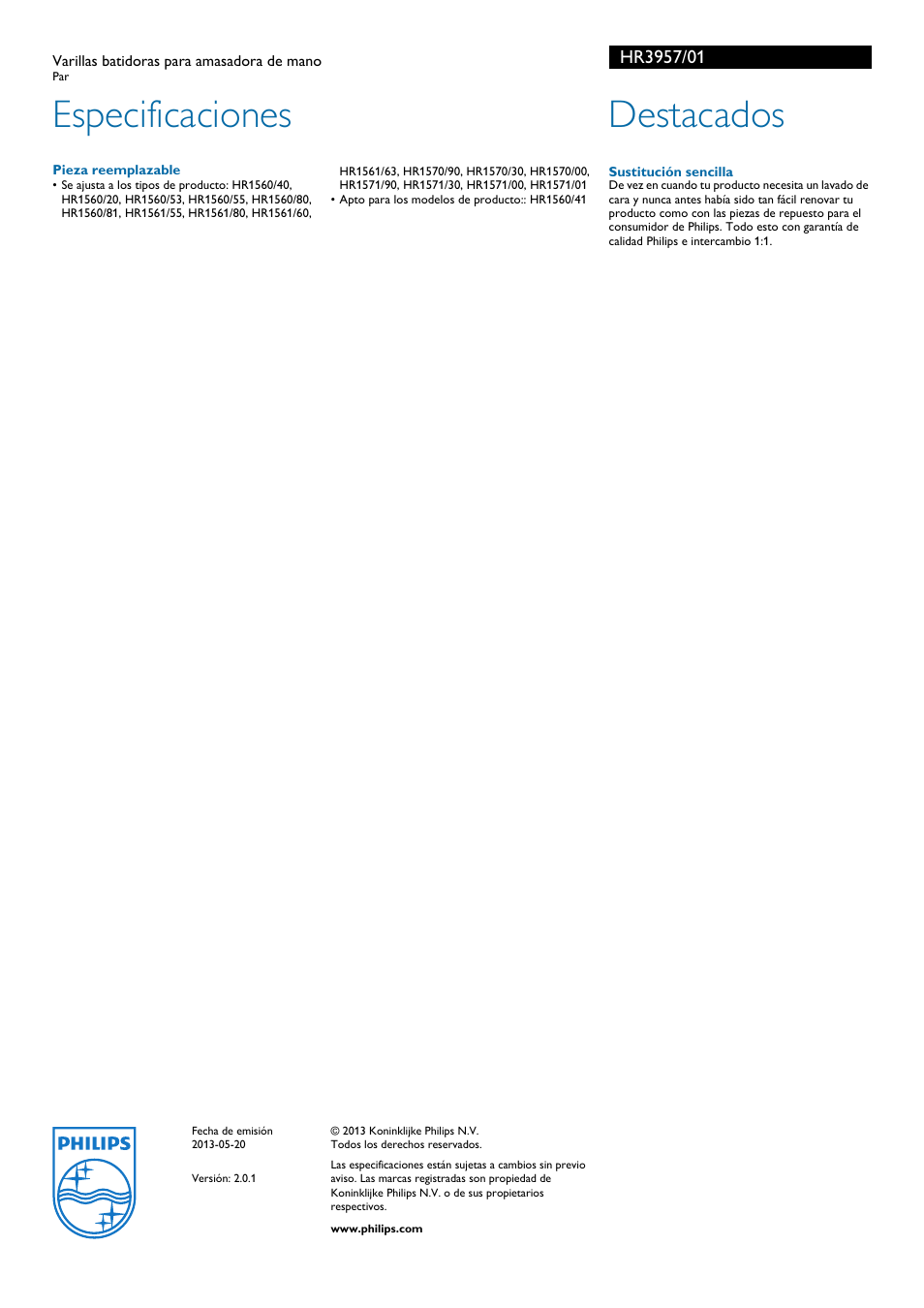 Especificaciones, Destacados | Philips Daily Collection Varillas batidoras para amasadora de mano User Manual | Page 2 / 2