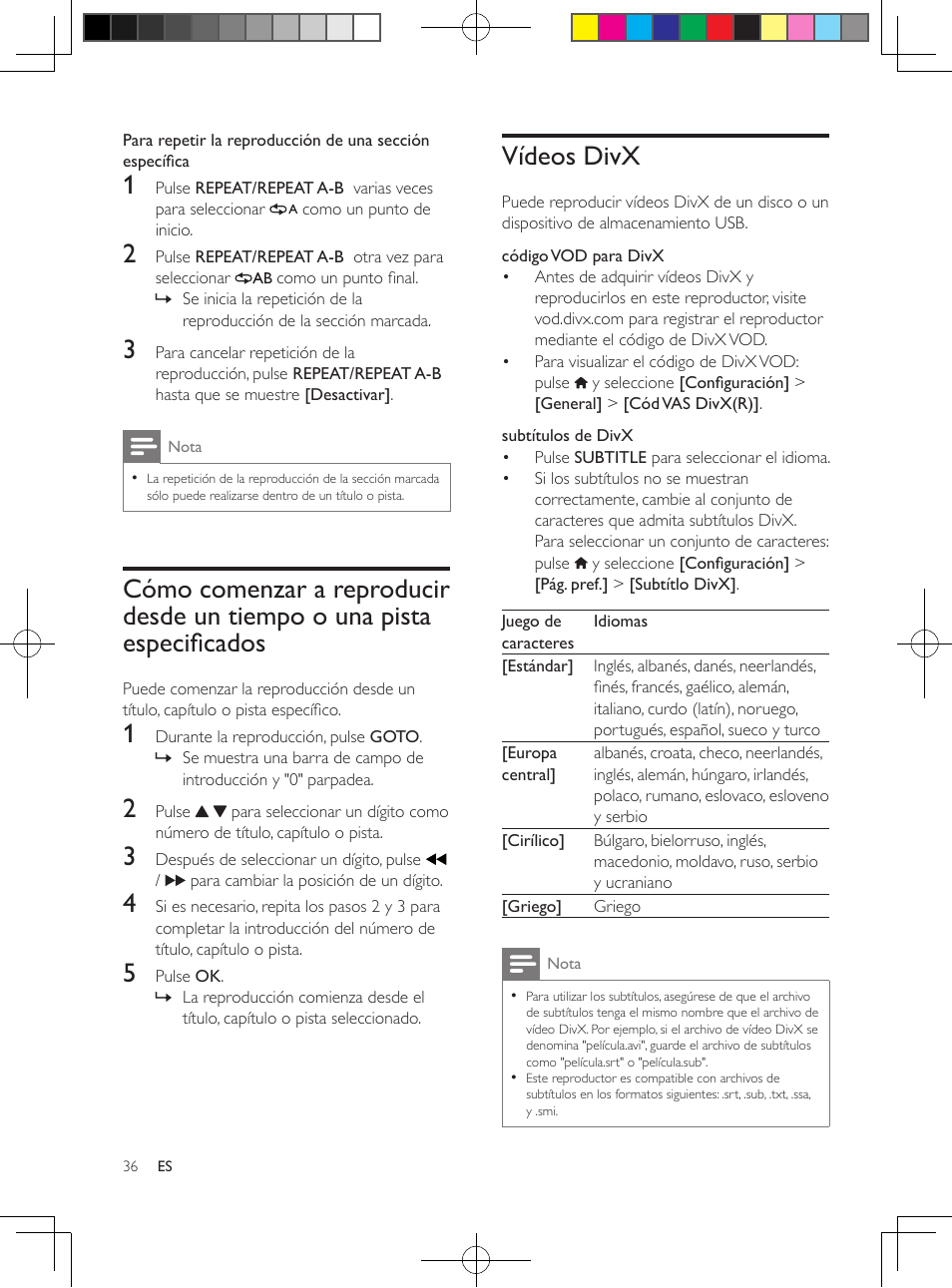 Vídeos divx, Cómo comenzar a reproducir desde, Un tiempo o una pista especificados 36 | Philips 3000 series Reproductor de DVD User Manual | Page 10 / 18