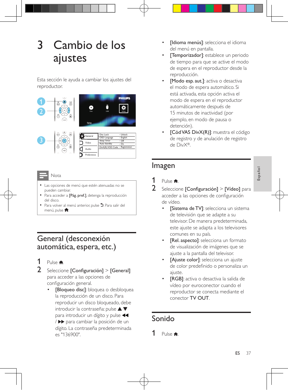 3 cambio de los ajustes, General (desconexión automática, espera, etc.), Imagen | Sonido, General (desconexión automática, Espera, etc.), General (desconexión automática, espera, etc.) 1, Imagen 1, Sonido 1 | Philips 3000 series Reproductor de DVD User Manual | Page 11 / 18