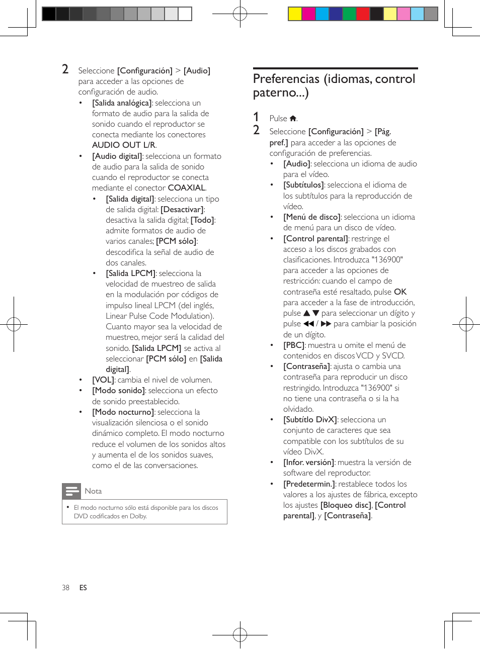 Preferencias (idiomas, control paterno...), Preferencias (idiomas, control paterno...) 38, Preferencias (idiomas, control paterno...) 1 | Philips 3000 series Reproductor de DVD User Manual | Page 12 / 18