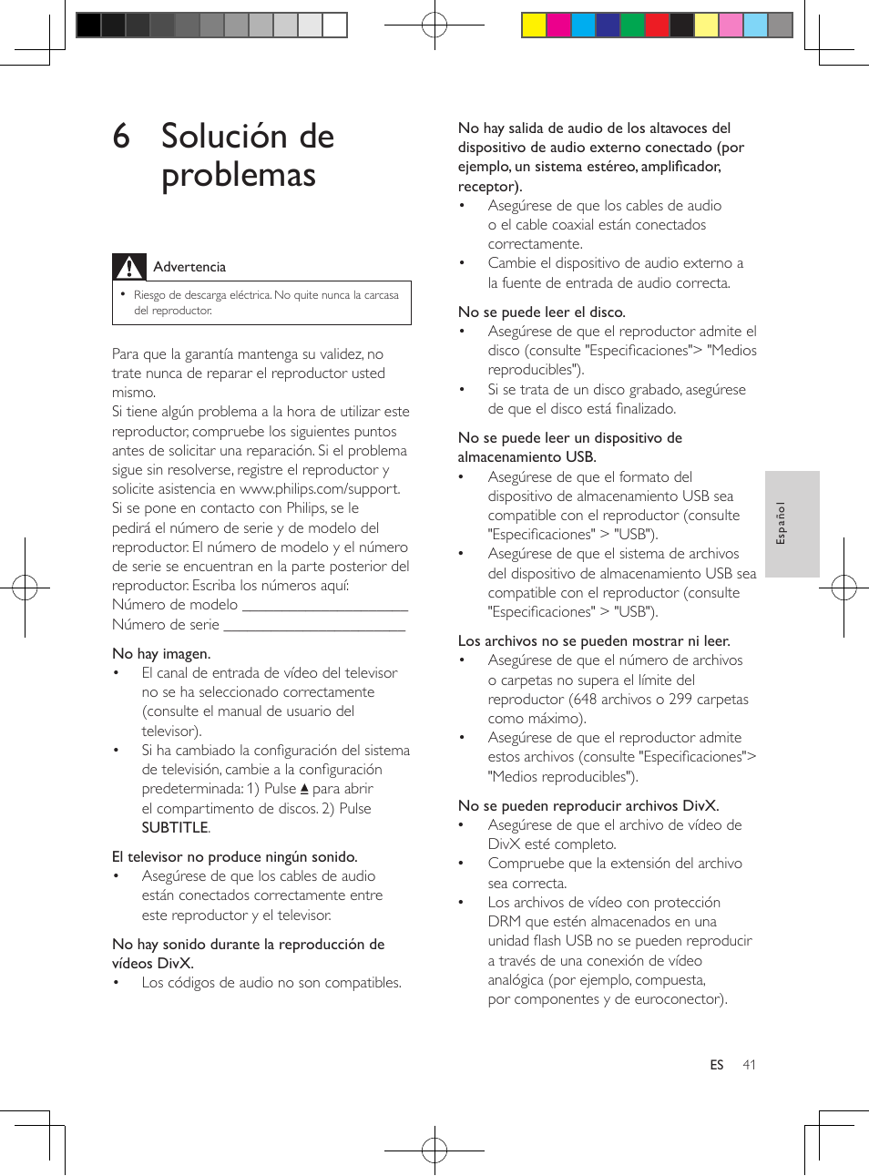 6 solución de problemas | Philips 3000 series Reproductor de DVD User Manual | Page 15 / 18