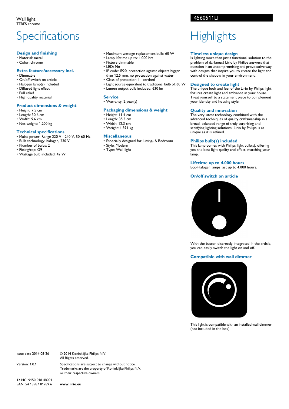 Specifications, Highlights | Philips Lirio Aplique User Manual | Page 2 / 2
