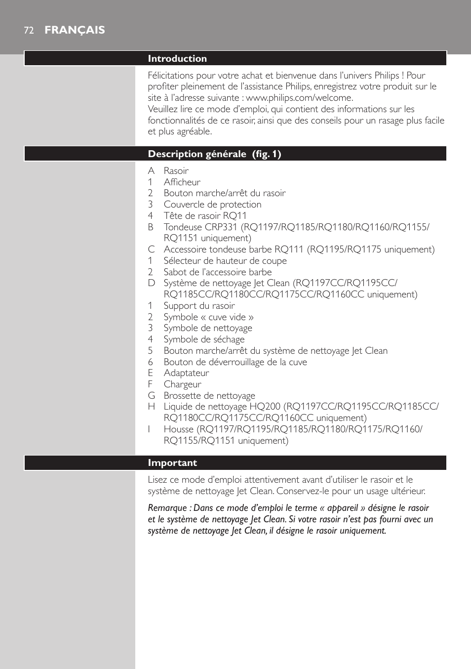 Français, Français 72 | Philips SHAVER Series 7000 SensoTouch afeitadora eléctrica en húmedo y seco User Manual | Page 72 / 304