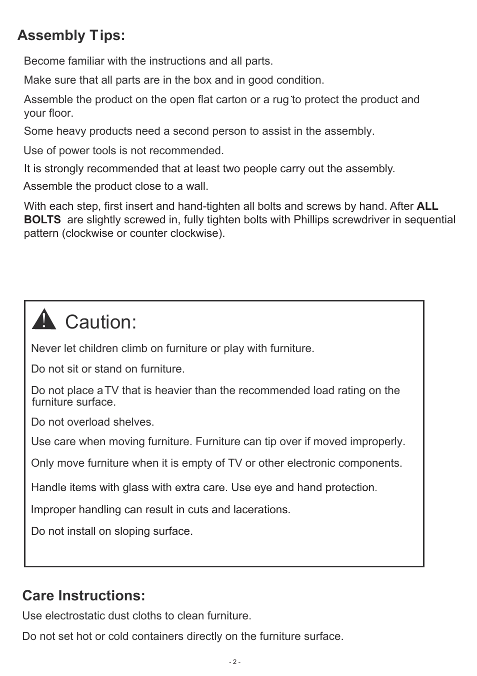 Caution, Assembly tips, Care instructions | Atlantic 67035439 User Manual | Page 2 / 13