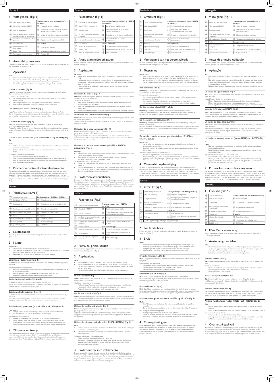 1 vista general (fig. 1), 2 antes del primer uso, 3 aplicación | 4 protección contra el sobrecalentamiento, 1 yleiskuvaus (kuva 1), 2 käyttöönotto, 3 käyttö, 4 ylikuumenemissuoja, 1 présentation (fig. 1), 2 avant la première utilisation | Philips Daily Collection Minibatidora User Manual | Page 2 / 4