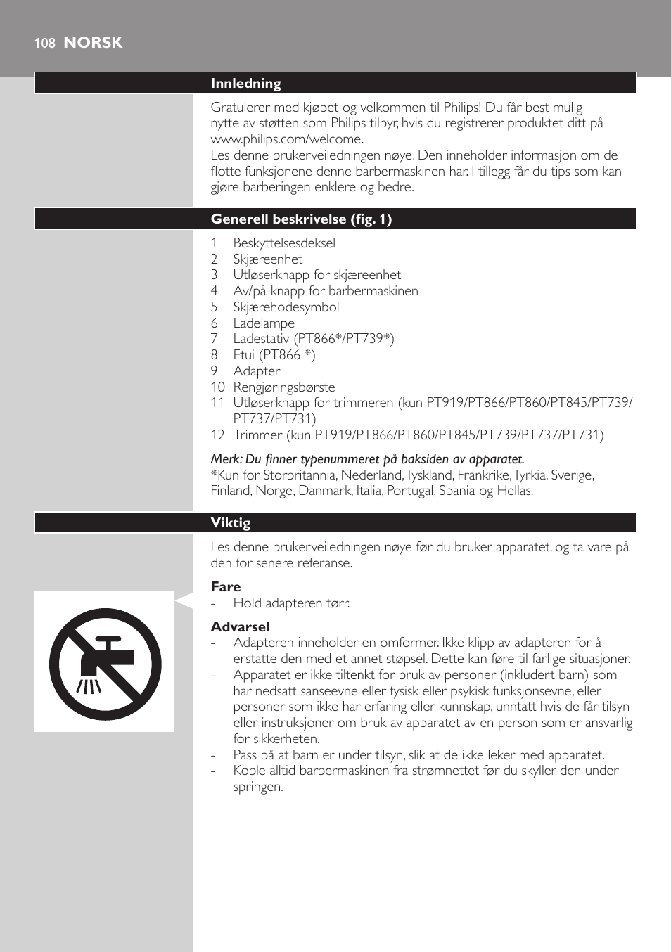 Norsk, Norsk 10 | Philips SHAVER Series 3000 afeitadora eléctrica en seco User Manual | Page 108 / 154