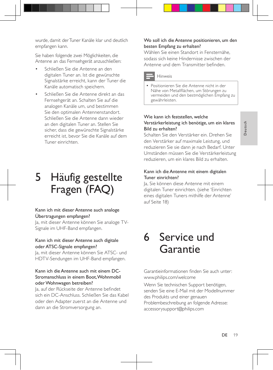 6 service und garantie, 5 häufig gestellte fragen (faq) | Philips Antena de televisión digital User Manual | Page 18 / 93