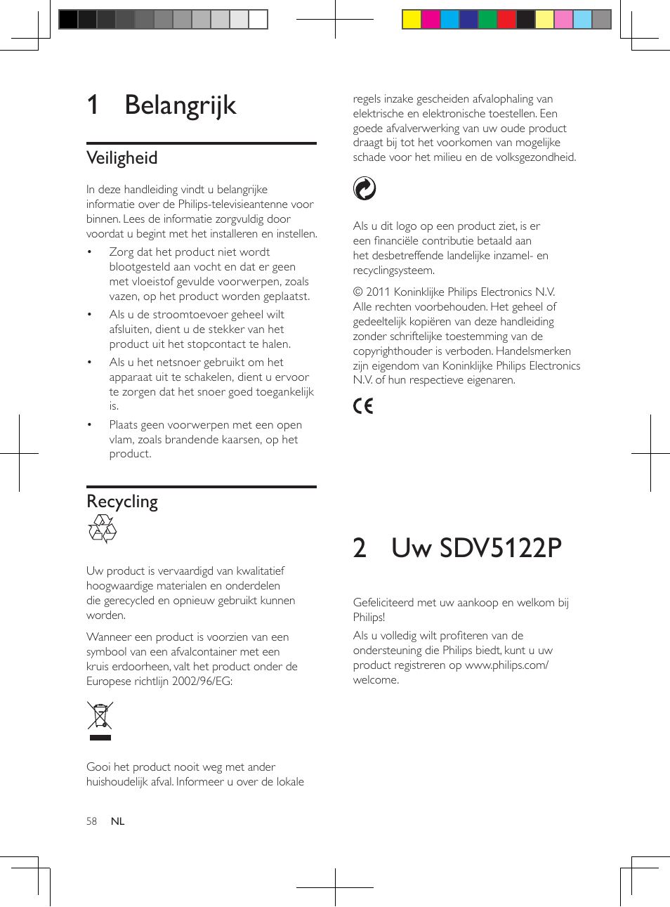 1 belangrijk, Veiligheid, Recycling | Philips Antena de televisión digital User Manual | Page 57 / 93