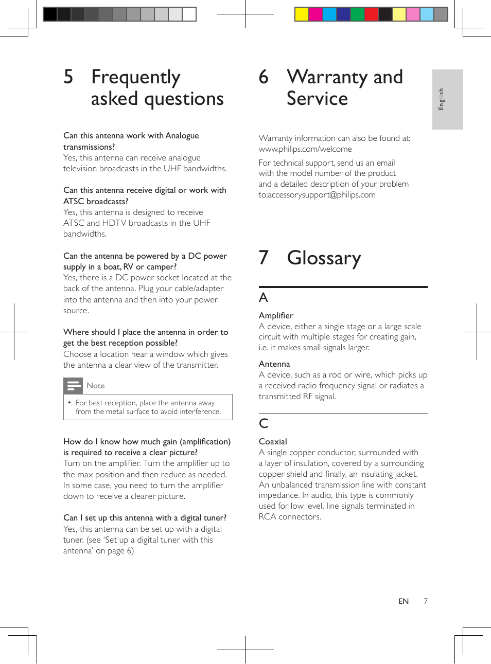 6 warranty and service, 7 glossary, 5 frequently asked questions | Philips Antena de televisión digital User Manual | Page 6 / 93