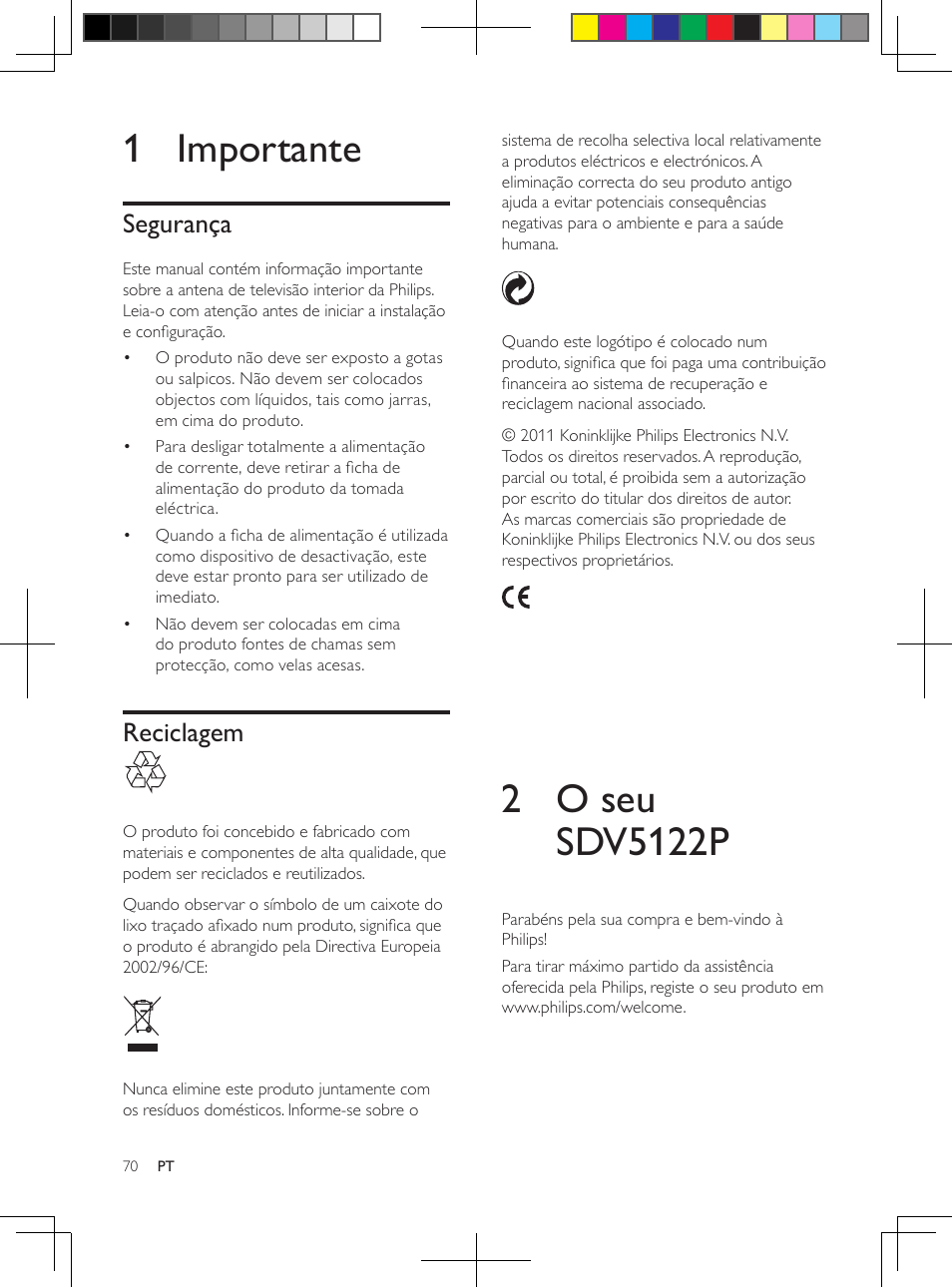 1 importante, Segurança, Reciclagem | Philips Antena de televisión digital User Manual | Page 69 / 93