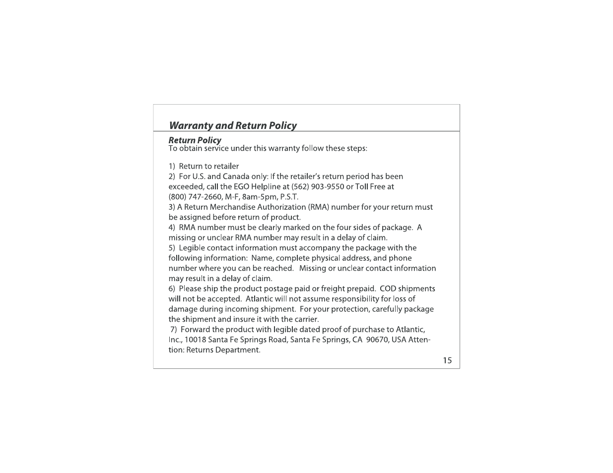 Warranty and return policy | Atlantic Ego 25906058 User Manual | Page 17 / 21