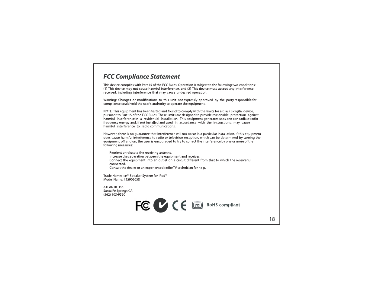Rohs compliant, F©gce, Fcc compliance statement | Atlantic Ego 25906058 User Manual | Page 20 / 21