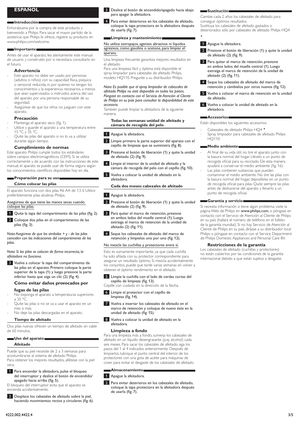 Español | Philips Afeitadora eléctrica User Manual | Page 3 / 5