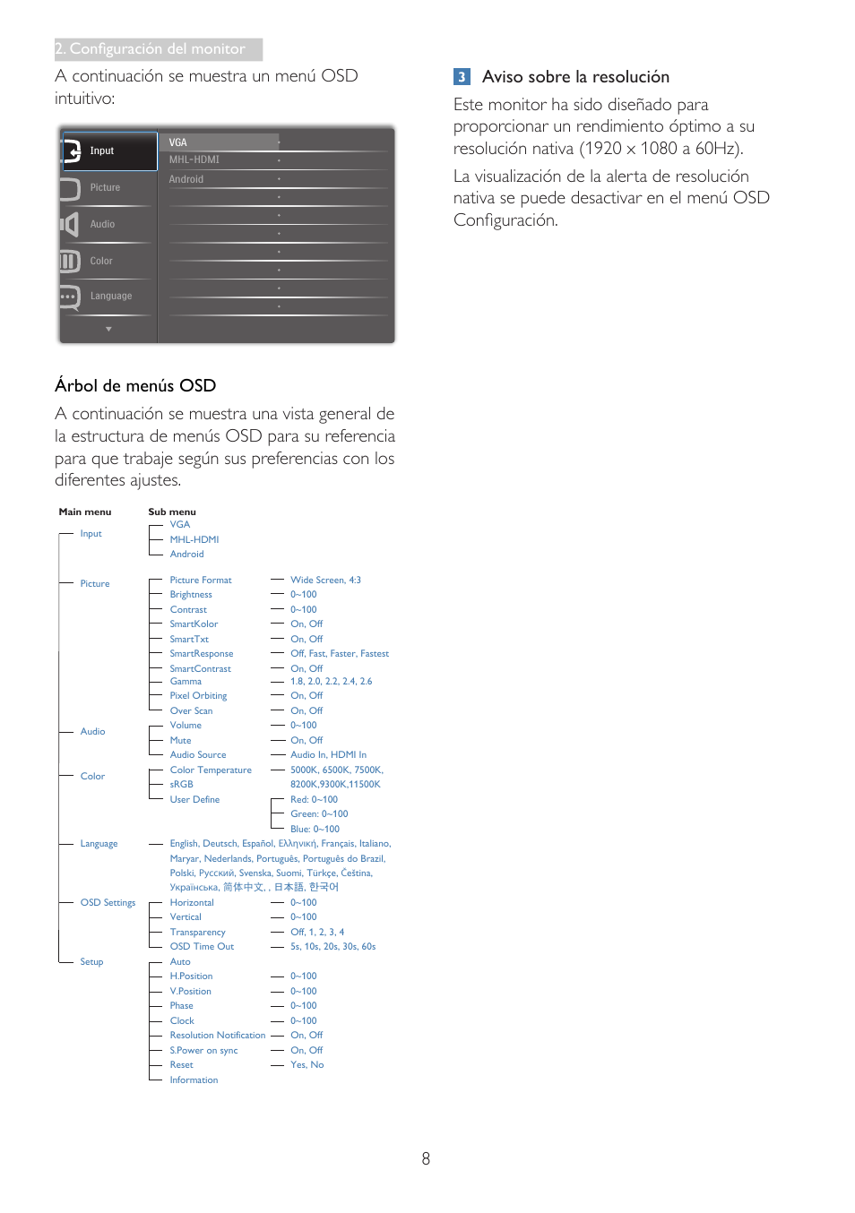 A continuación se muestra un menú osd intuitivo, Configuración del monitor | Philips Smart All-in-One User Manual | Page 10 / 43
