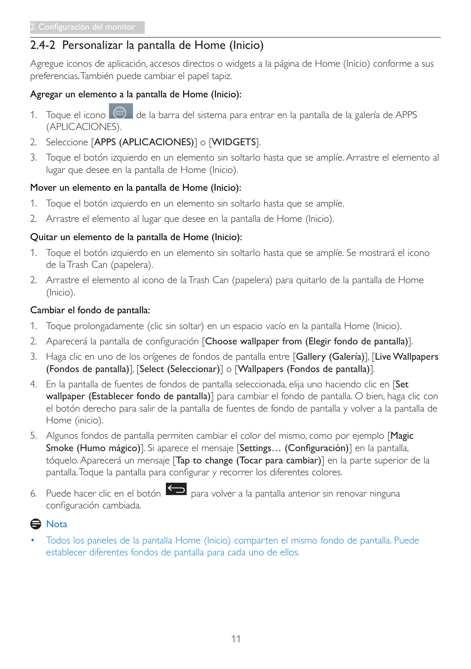 2 personalizar la pantalla de home (inicio) | Philips Smart All-in-One User Manual | Page 13 / 43