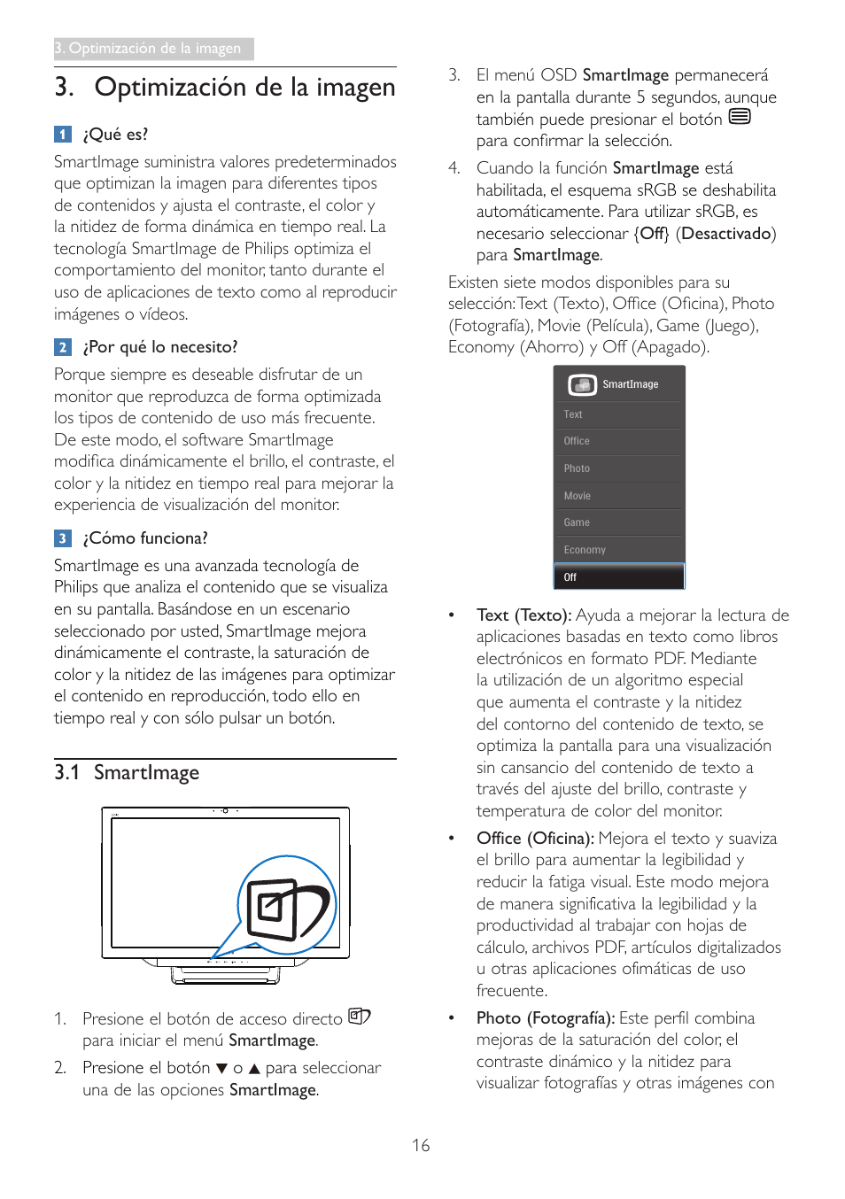 Optimización de la imagen, 1 smartimage | Philips Smart All-in-One User Manual | Page 18 / 43
