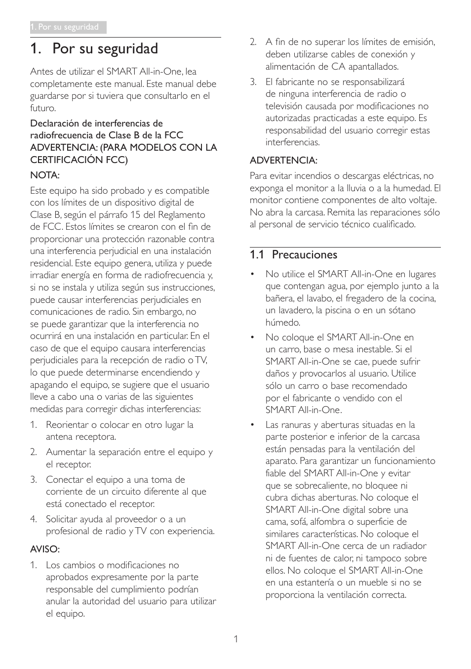 Por su seguridad, 1 precauciones | Philips Smart All-in-One User Manual | Page 3 / 43